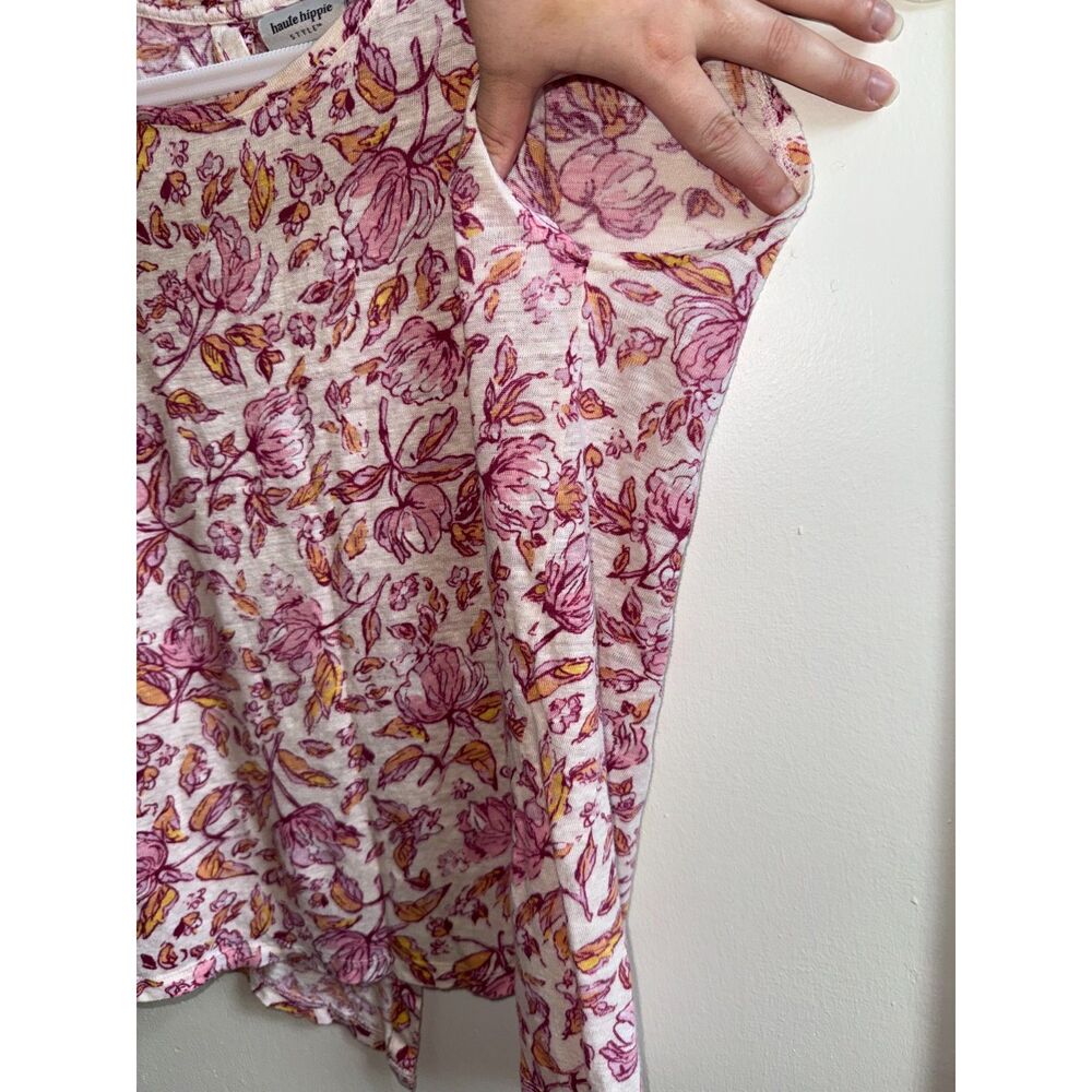 Haute Hippie Style 100% Linen Floral Tank Top Small Pink Orange Button Back - Picture 5 of 9